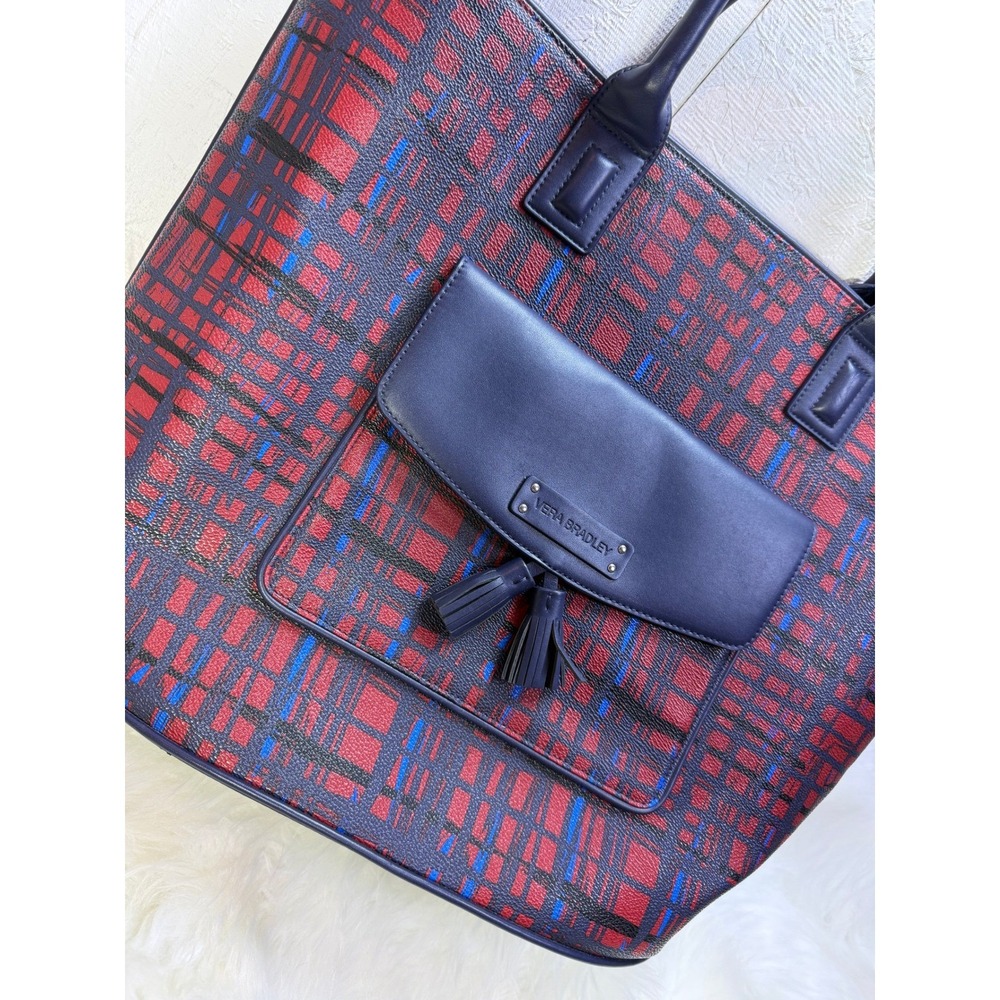 Vera Bradley Plaid Tassel Tote Bag Red Navy Blue Crossbody Handbag